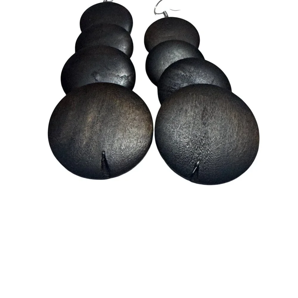 Wood Dangle Earrings Multi-Tiered Dark Brown Lightweight Bohemian Statement - Picture 5 of 5